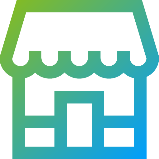 Un ícono de tienda azul y verde sobre un fondo negro que representa "Inicio".